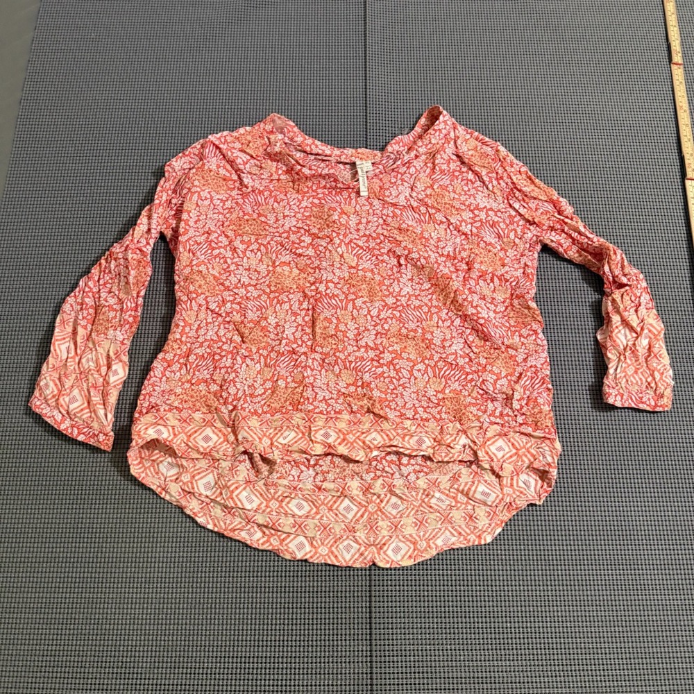 Grand & Greene Womens XL Orange White Floral Long Sleeve Blouse Scoop Neck Top